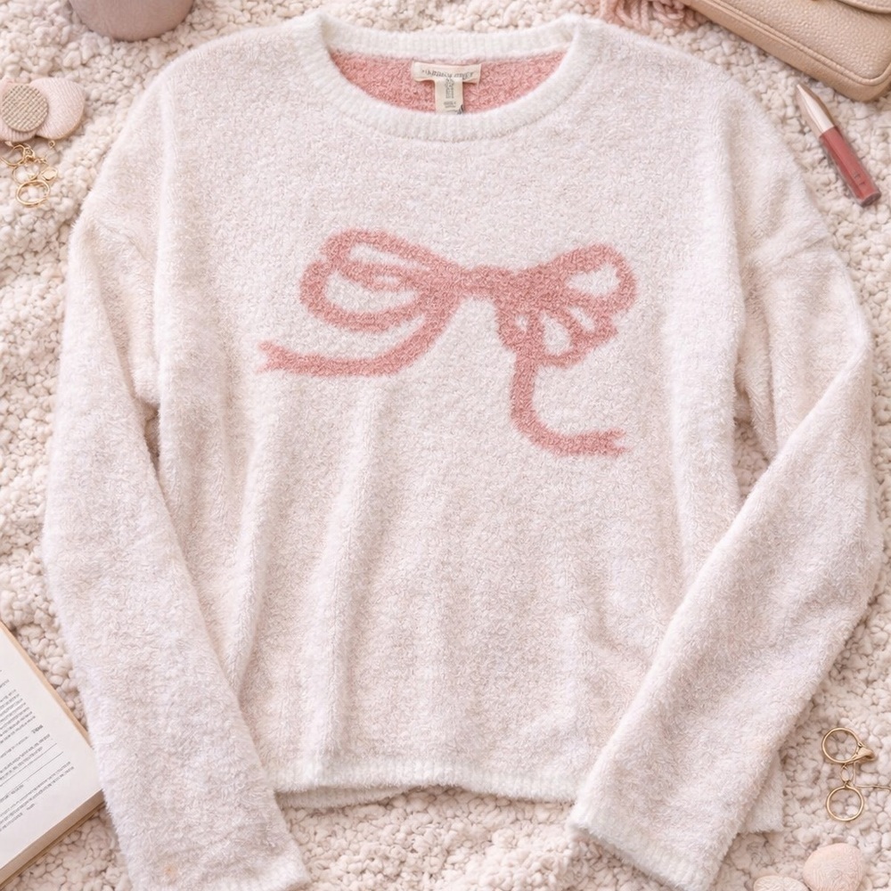 Happily Grey Bow Sweater Small Cream Pink Fuzzy Knit NWT